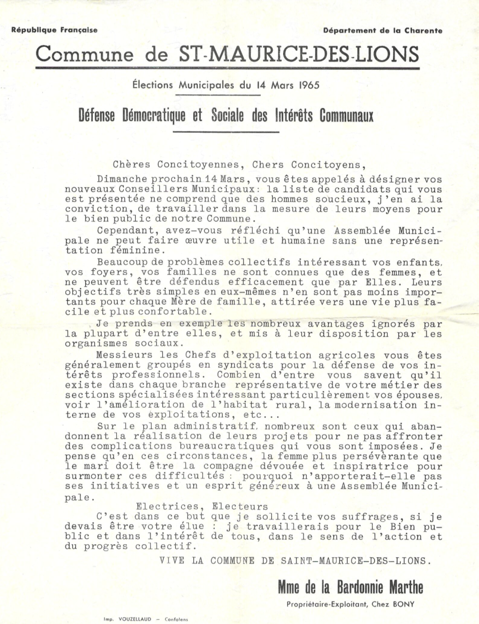 Candidature municipales Marthe 1965